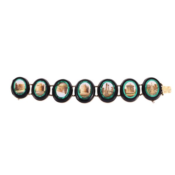 18KT GOLD BRACELET WITH MICROMOSAIC, ONYX AND MALACHITE