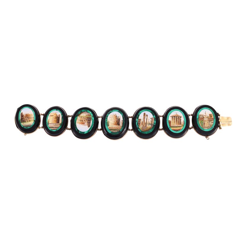 Bracciale in oro con micromosaico, sette ovali raffiguranti architetture classiche
