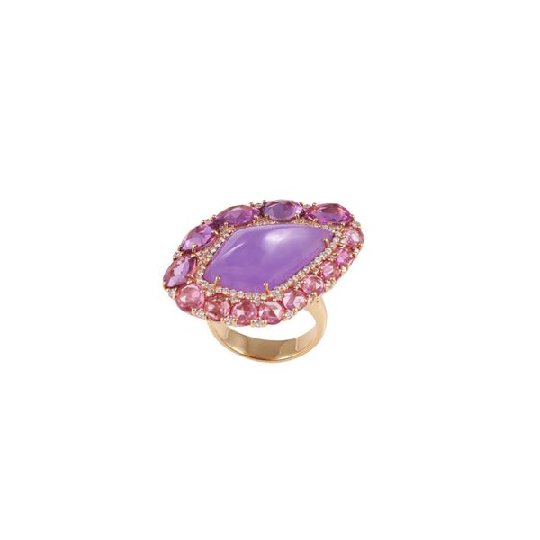 18KT GOLD RING WITH CHALCEDONY, PINK SAPPHIRES AND DIAMONDS   - Auction IMPORTANT JEWELRY - Casa d'Aste International Art Sale