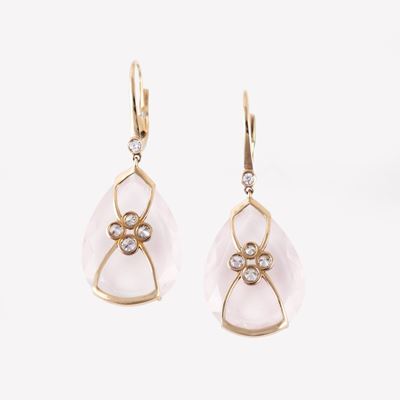 Orecchini pendenti in oro rosa 18 kt con brillanti e quarzi rosa a goccia