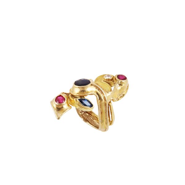 18KT GOLD RING WITH SAPPHIRES, RUBIES AND DIAMONDS