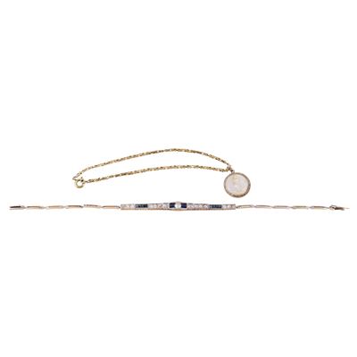 Due bracciali in oro, platino, diamanti e zaffiri con pendente in madreperla