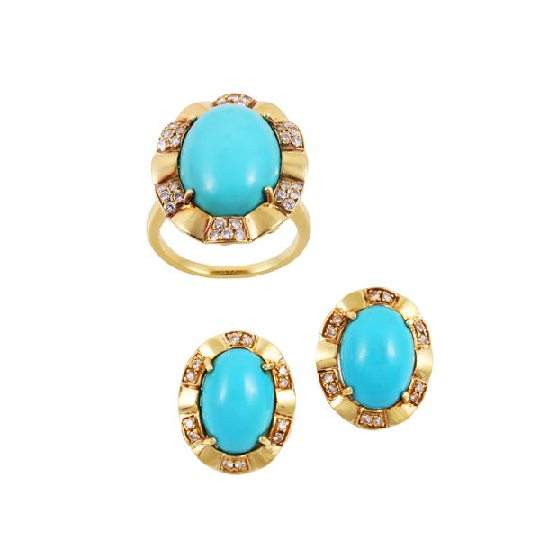 18KT GOLD PARURE OF RING AND EARRINGS WITH TURQUOISE PASTE AND DIAMONDS