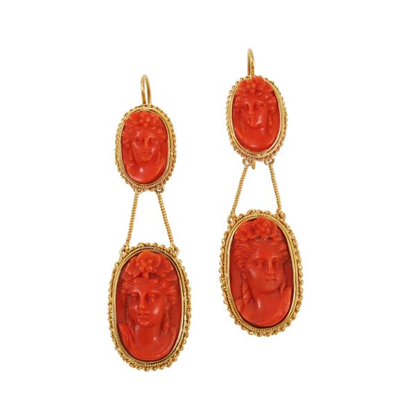 ~ 18KT GOLD EARRINGS WITH CORAL CAMEOS