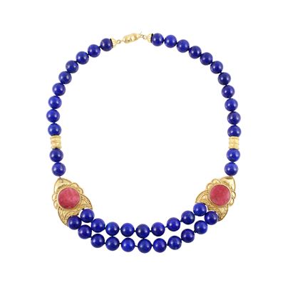 Collana in oro giallo, lapislazzuli e rodonite
