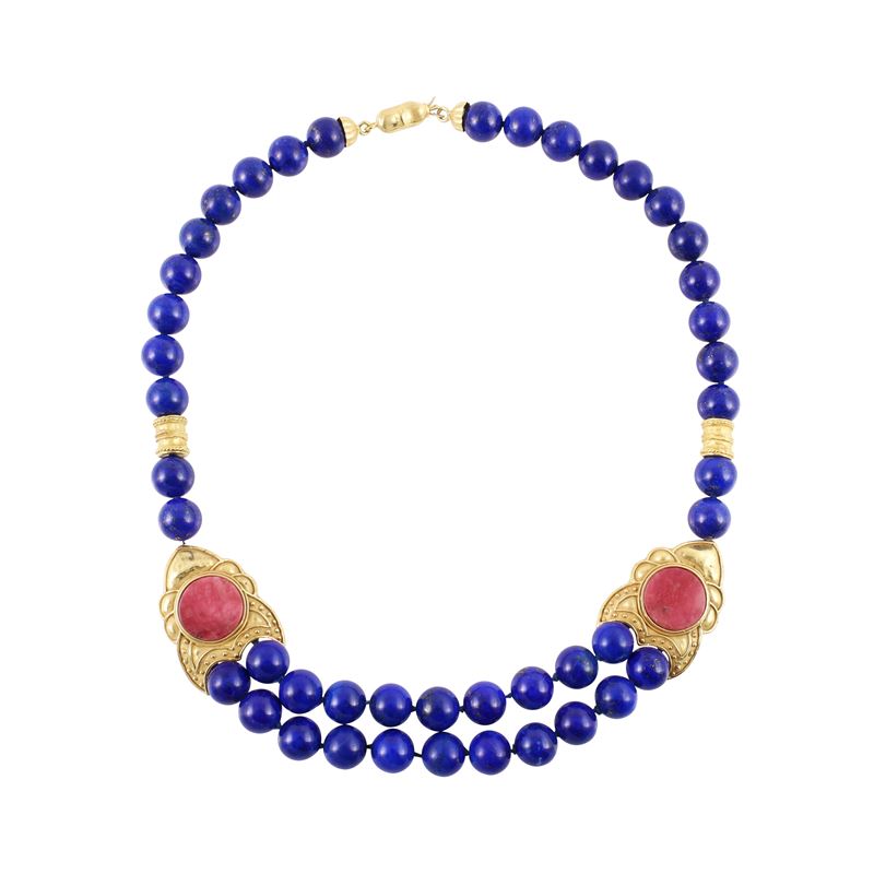 Collana in oro giallo, lapislazzuli e rodonite