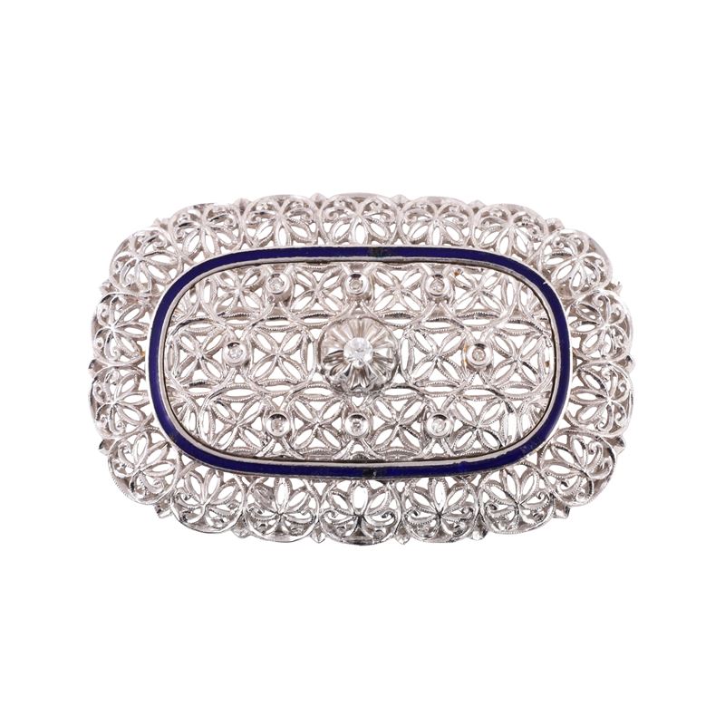 Spilla ovale in oro bianco, diamanti e smalto blu