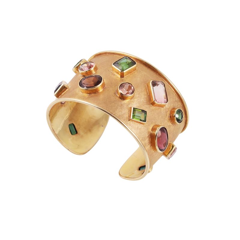 Bracciale rigido alla schiava in oro rosa satinato con tormaline