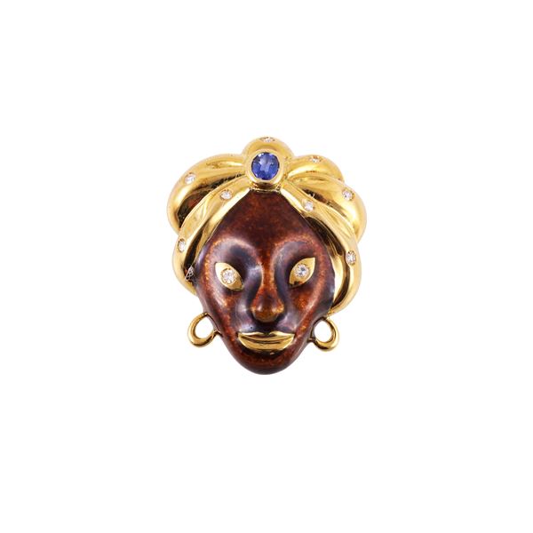 18KT GOLD BROOCH WITH ENAMEL, DIAMONDS AND SAPPHIRE