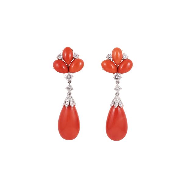 ~ 18KT GOLD EARRINGS WITH CORAL AND DIAMONDS