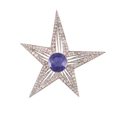 Spilla in platino con zaffiro e diamanti, anni '30