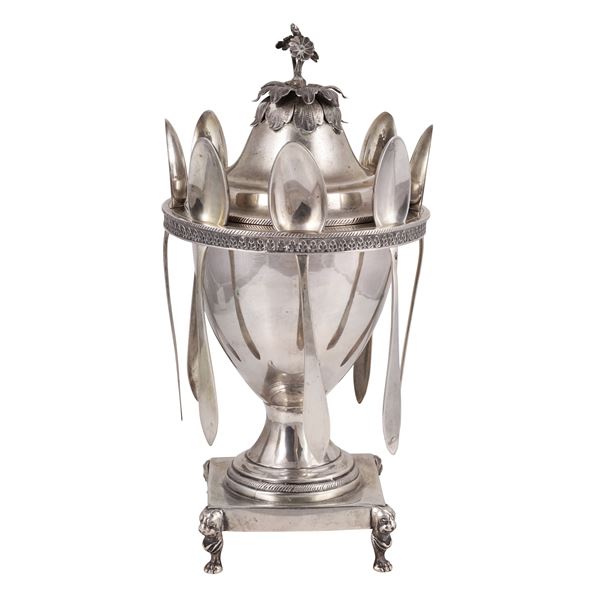 800 SILVER SUGAR BOWL WITH EIGHT SPOONS