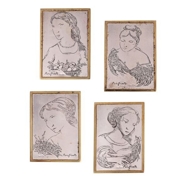 SET OF FOUR 999 SILVER PLAQUES, MOUNTED IN BRASS
