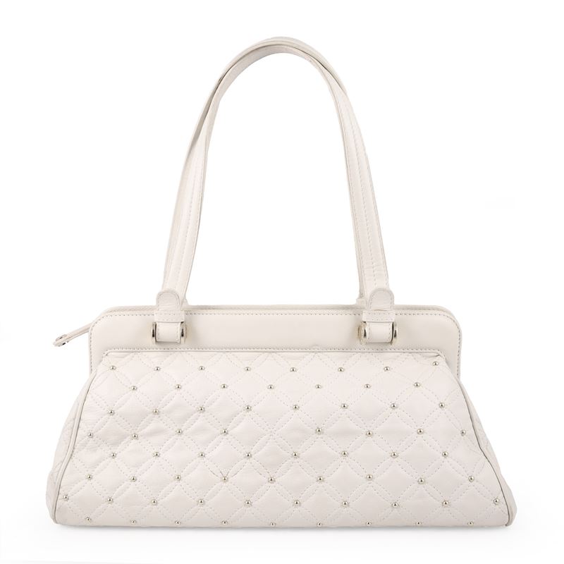 Bulgari, Borsa doppio manico in pelle bianca con borchie
