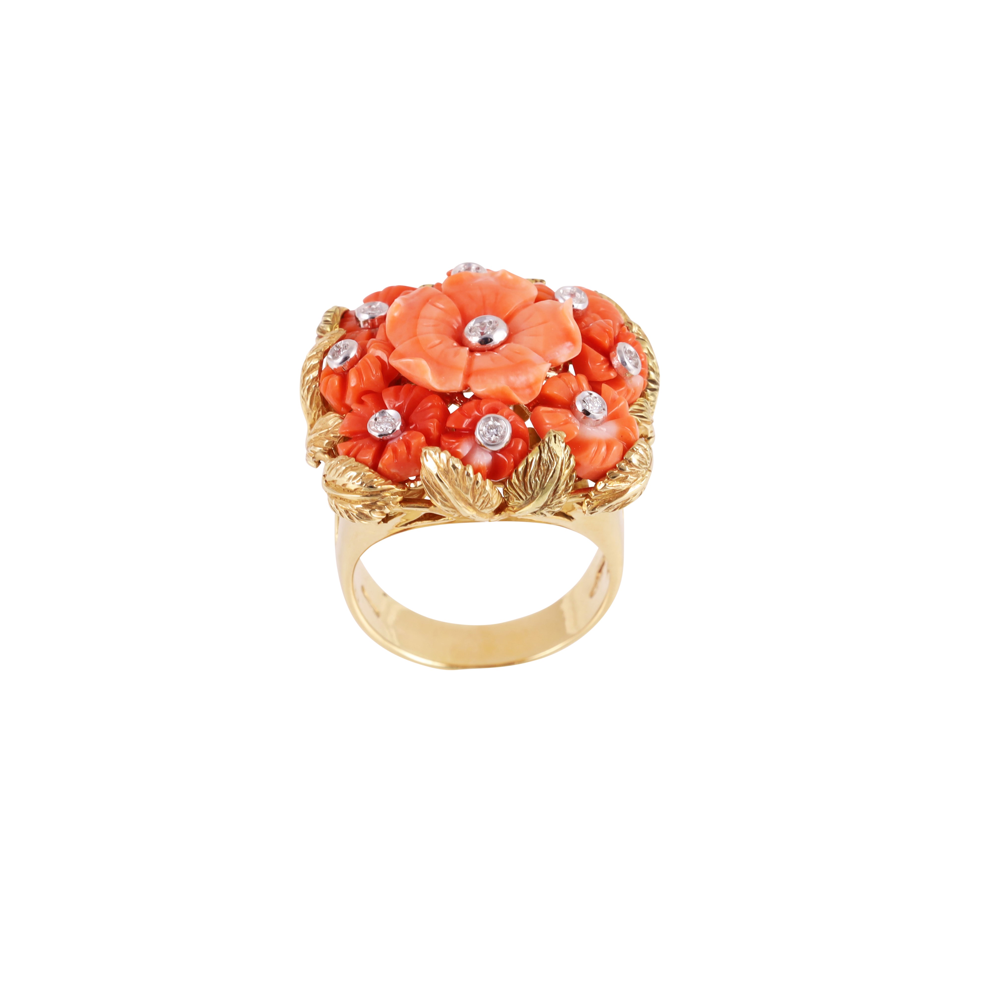 Parure floreale in oro giallo e bianco con coralli, brillanti e perle d'acqua dolce