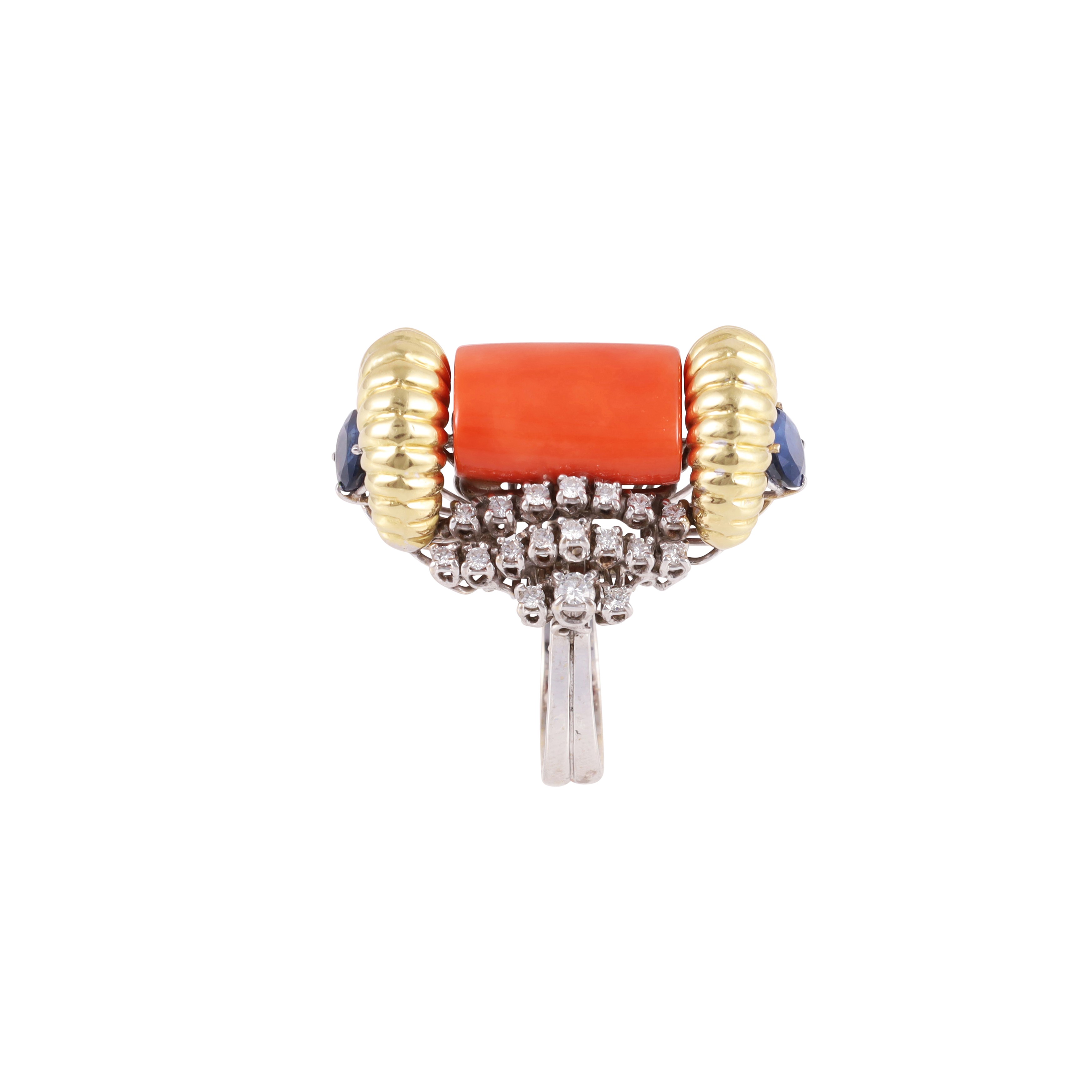 Parure in oro bianco e giallo con corallo, brillanti e zaffiri