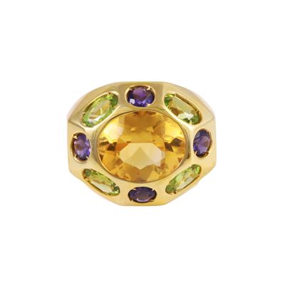 Ruber, Anello in oro giallo 18Kt con quarzo, ametiste e peridoti