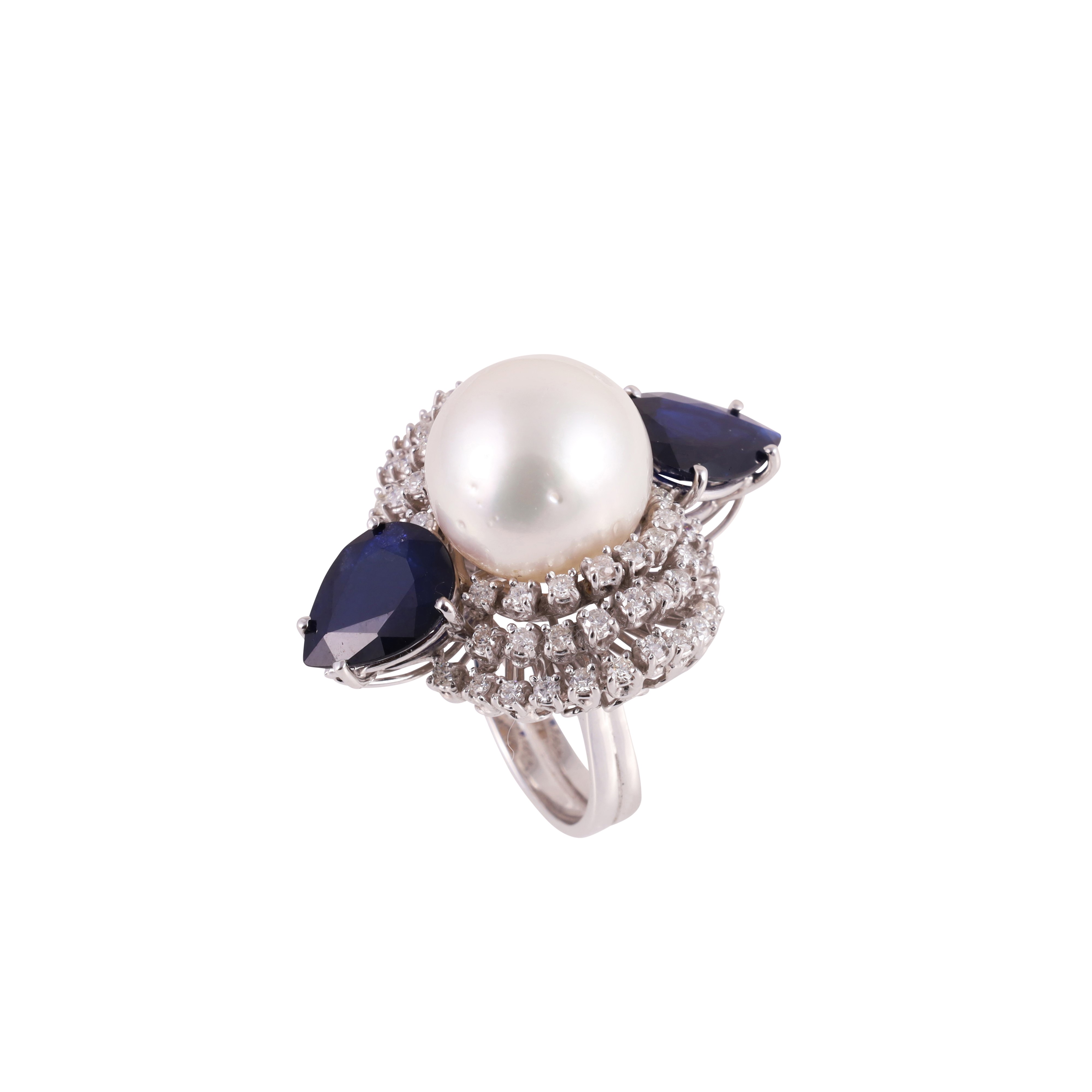Anello in oro bianco con perla coltivata 'South Sea' e zaffiri