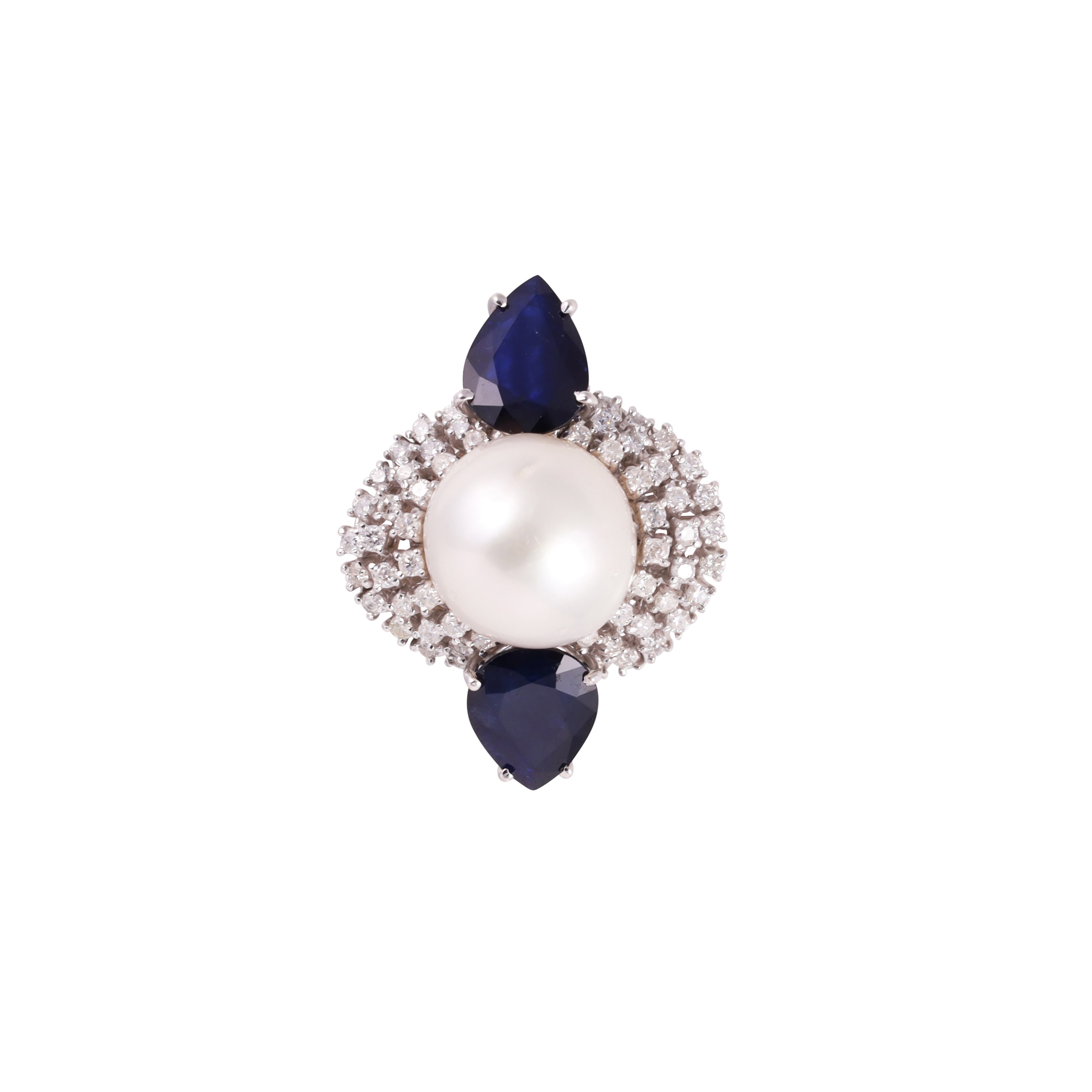Anello in oro bianco con perla coltivata 'South Sea' e zaffiri