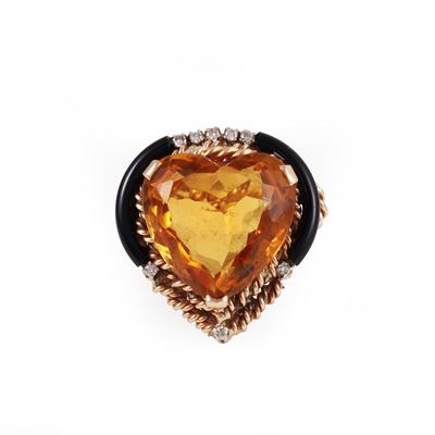 Anello in oro 9KT con quarzo a cuore, onici e brillanti