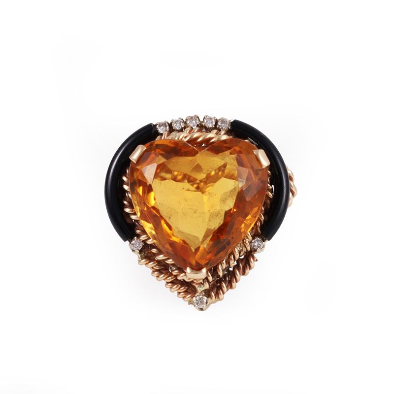Anello in oro 9KT con quarzo a cuore, onici e brillanti