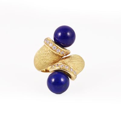 Anello in oro giallo con sfere in lapislazzuli e pietre sintetiche