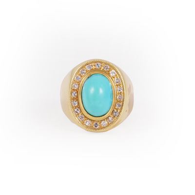 ANELLO, Chevalier in oro giallo con turchese cabochon e diamanti