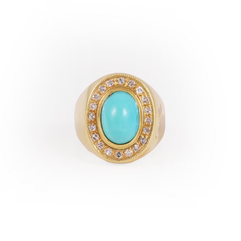 ANELLO, Chevalier in oro giallo con turchese cabochon e diamanti