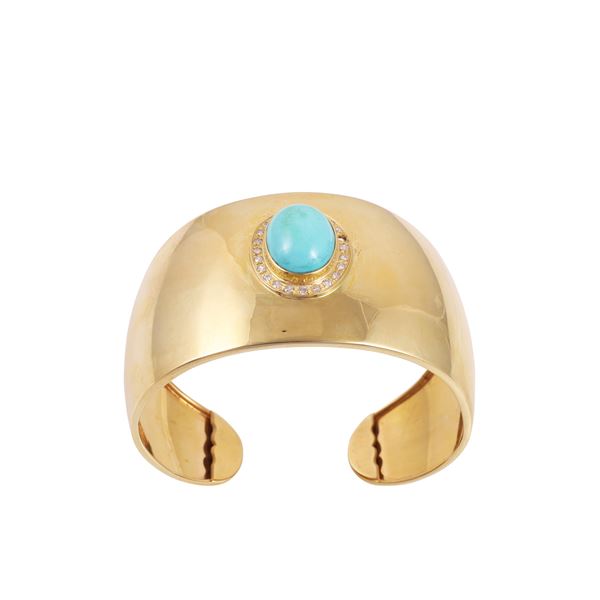 18KT GOLD BANGLE WITH TURQUOISE AND DIAMONDS (one missing)