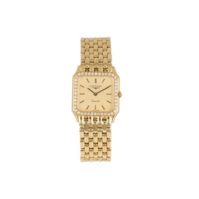 Longines, Orologio in oro giallo con brillanti e bracciale a maglia 'panthère'