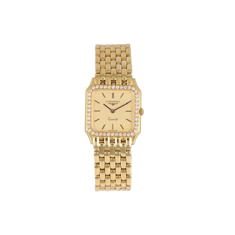 Longines, Orologio in oro giallo con brillanti e bracciale a maglia 'panthère'