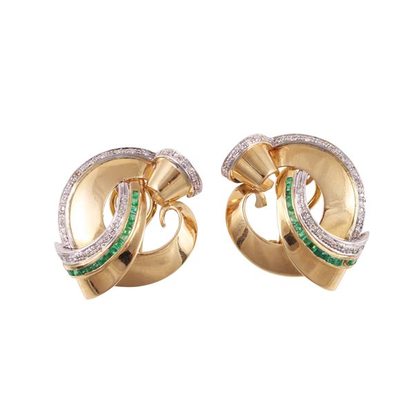 18KT GOLD EARRINGS SET WITH DIAMONDS AND EMERALDS (one missing)