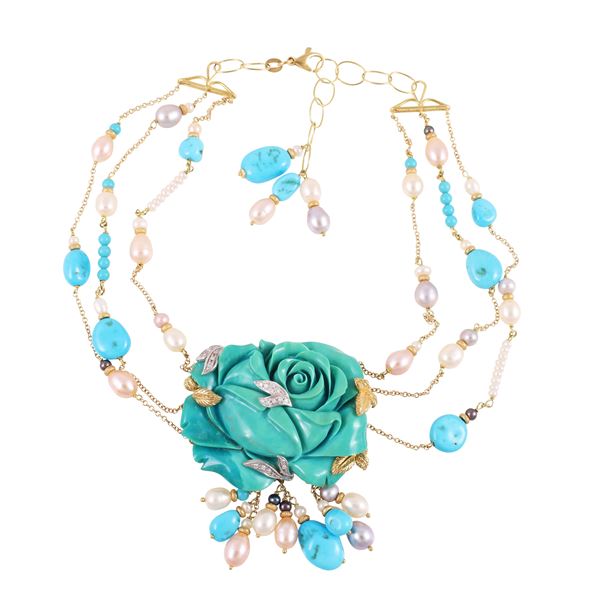 18KT GOLD NECKLACE SET WITH TURQUOISE, FRESHWATER PEARLS AND DIAMONDS