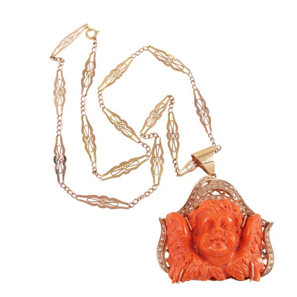 ~ 9KT GOLD PENDANT AND CHAIN, ENGRAVED CORAL AND ROSE-CUT DIAMONDS