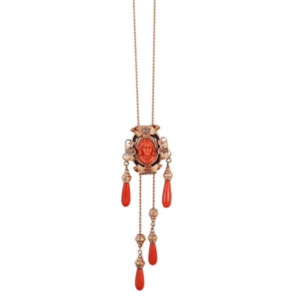 ~ 9KT GOLD AND SILVER NECKLACE, UPS AND DOWNS CENTRAL SET WITH CORAL, ONYX AND ROSE CUT DIAMONDS