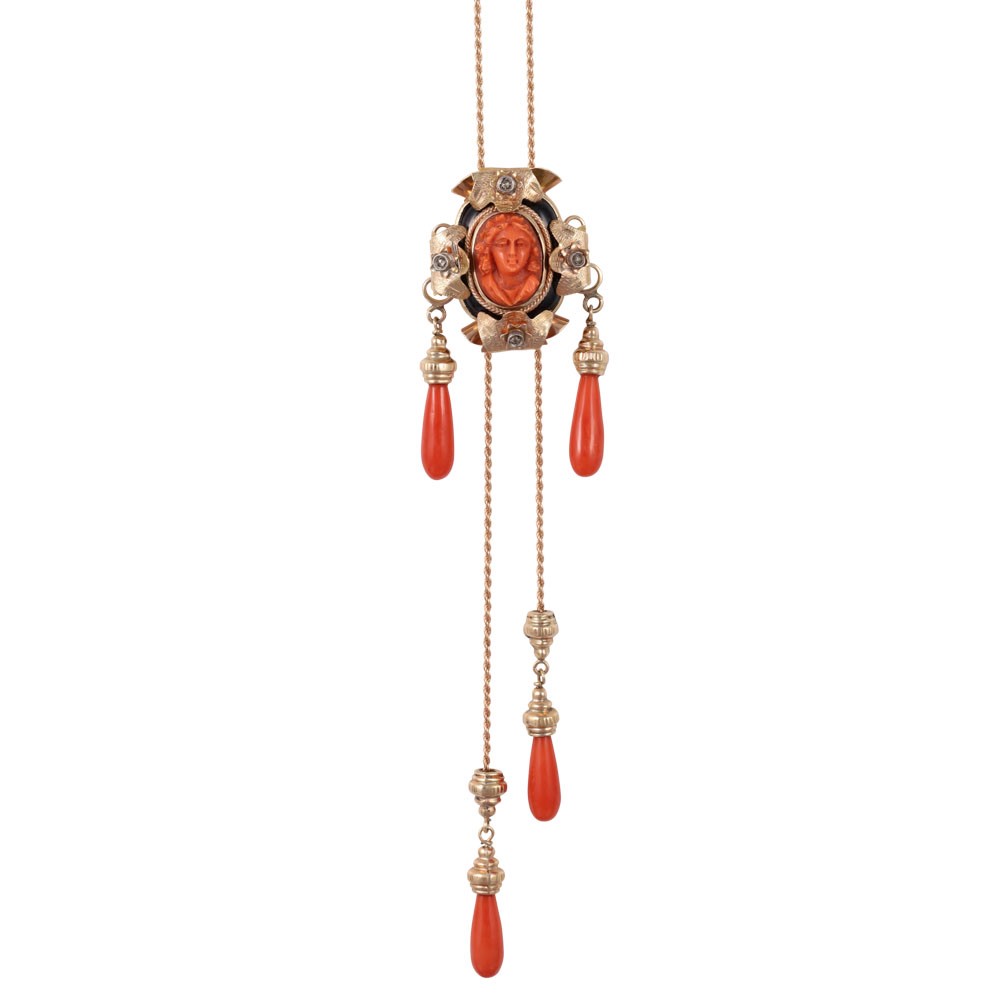 Collana in oro 9Kt e argento con cammeo in corallo e pendenti in corallo a goccia