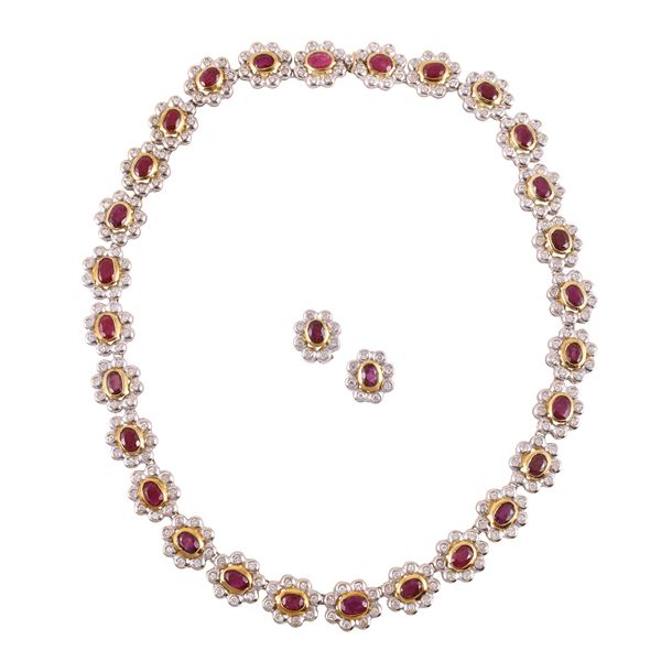 18KT GOLD SET OF NECKLACE AND EARRINGS SET WITH RUBIES AND DIAMONDS