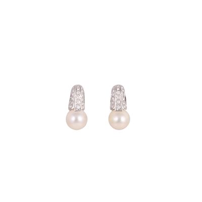 Mikawa, Orecchini a clip in oro bianco con perle coltivate e brillanti