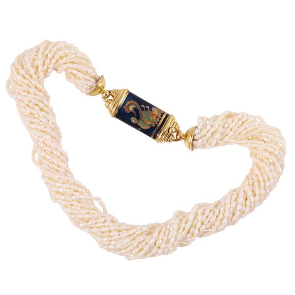 TWENTY-STRAND FRESHWATER PEARL NECKLACE WITH 18KT GOLD AND ENAMEL CLASP