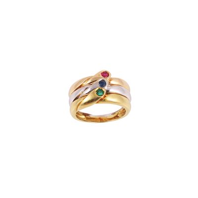 Anello in oro giallo, bianco e rosa con rubino, zaffiro e smeraldo