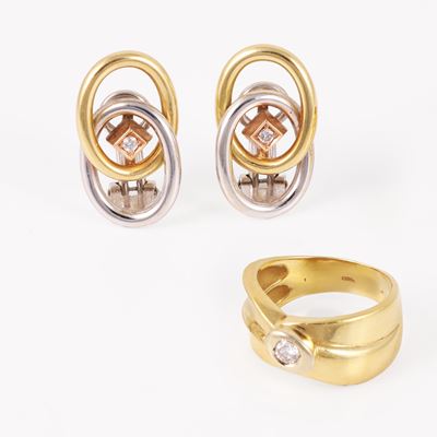 Anello e Orecchini in Oro Giallo e Bianco con Brillante e Pietra Sintetica
