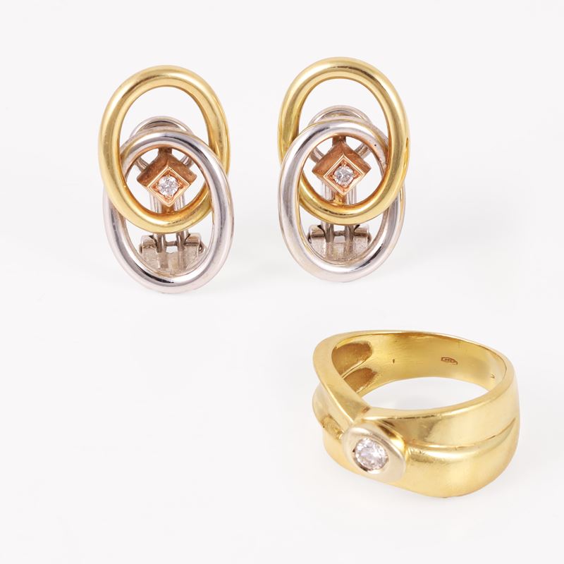 Anello e Orecchini in Oro Giallo e Bianco con Brillante e Pietra Sintetica