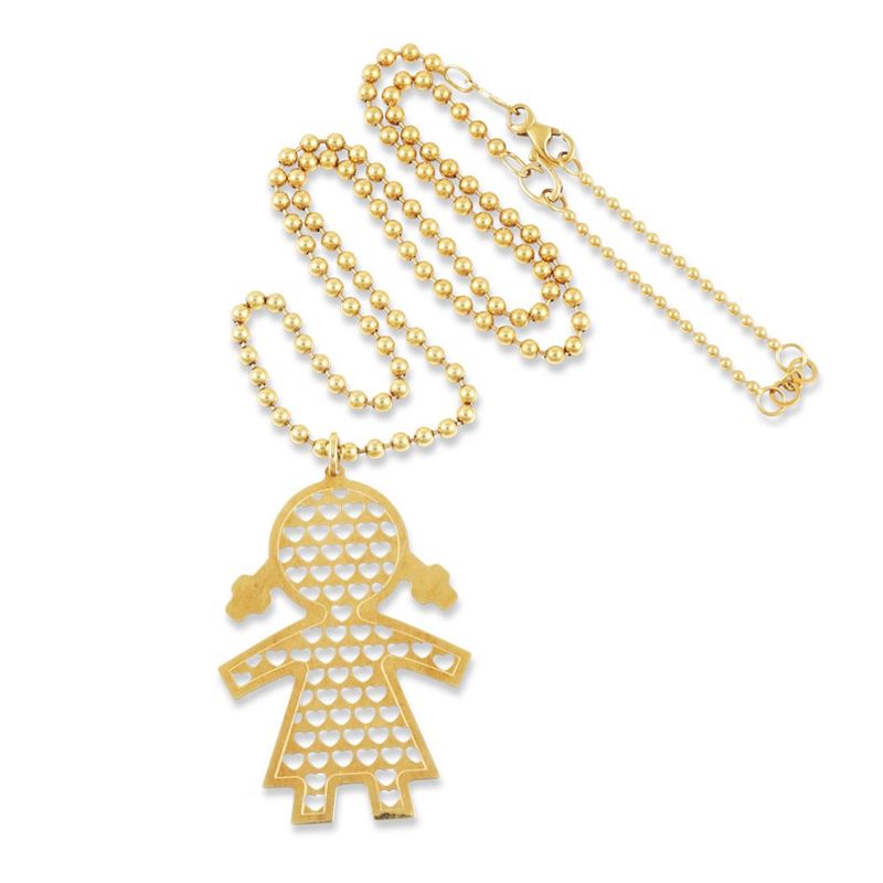 Pendente a forma di bambina e collana, oro giallo e bianco 18Kt
