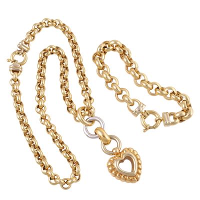 Combinazione di gioielli in oro giallo e oro bianco, contenente girocollo con pendente a cuore e ...