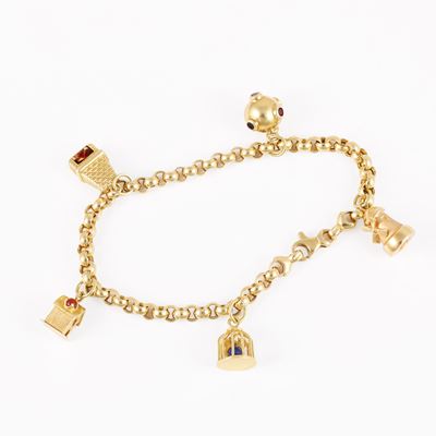 Bracciale in oro giallo con charms, smalto e pietre sintetiche