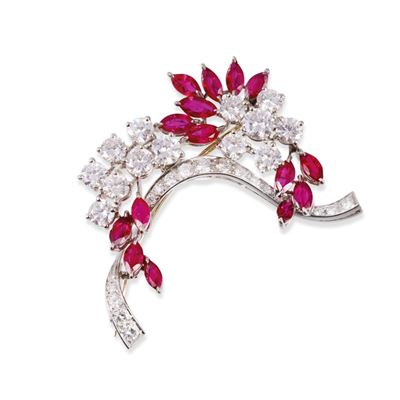 Spilla in oro bianco 18Kt con brillanti e rubini