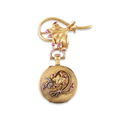 Spilla con orologio, oro giallo 18Kt, rubini e diamanti