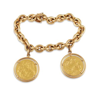 Bracciale in oro giallo 18Kt con due monete sospese