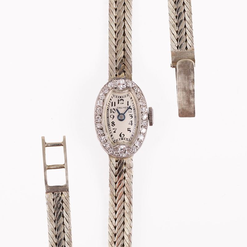 Orologio da polso Longines, cassa ovale in platino e diamanti