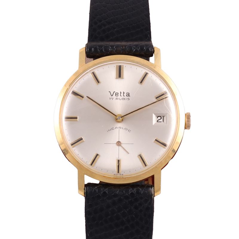 Orologio Vetta, cassa tonda in oro giallo 18KT con cinturino in pelle nera